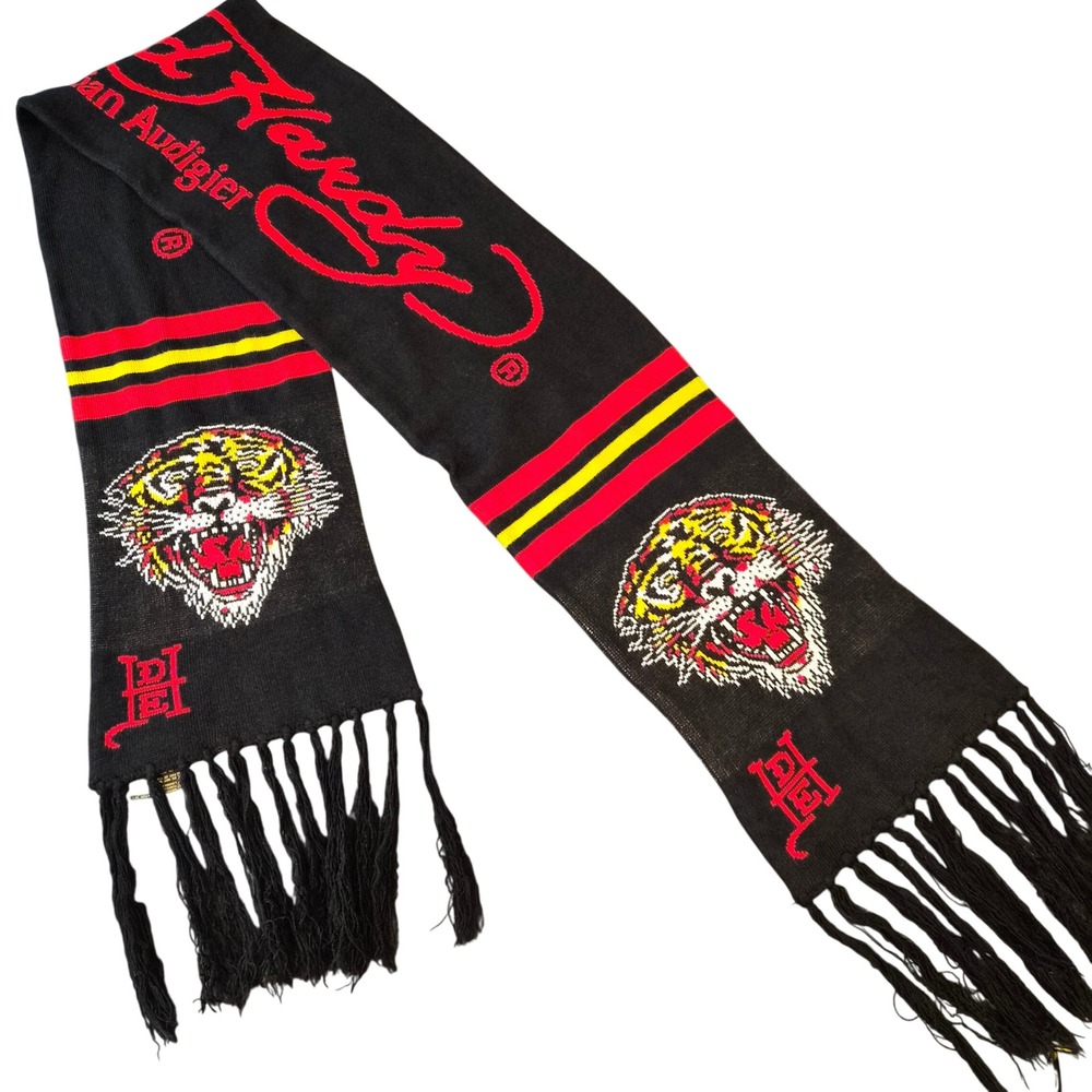 Ed Hardy Christian Audigier Tiger Knit Scarf Black Red Yellow Fringe EHMS6070